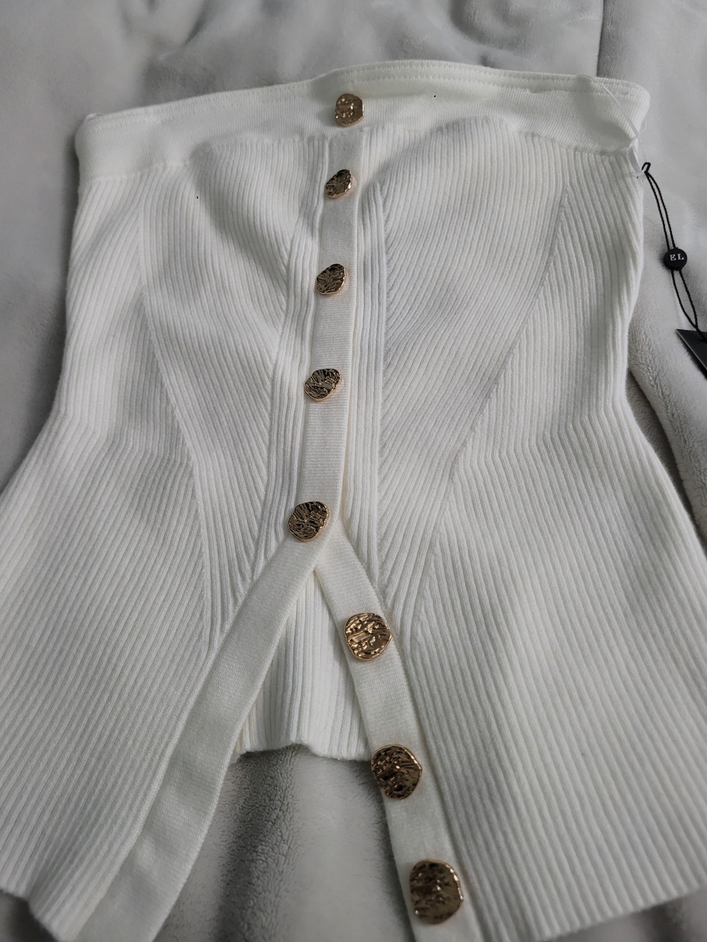 Emerson Lang White Ribbed Strapless Tube Top Gold Button Front Split Hem Small